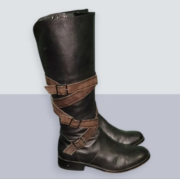 Women Vintage Leather Blk Riding Boots with detailed brn buckles by G.I.L.I 8 - Picture 6 of 8